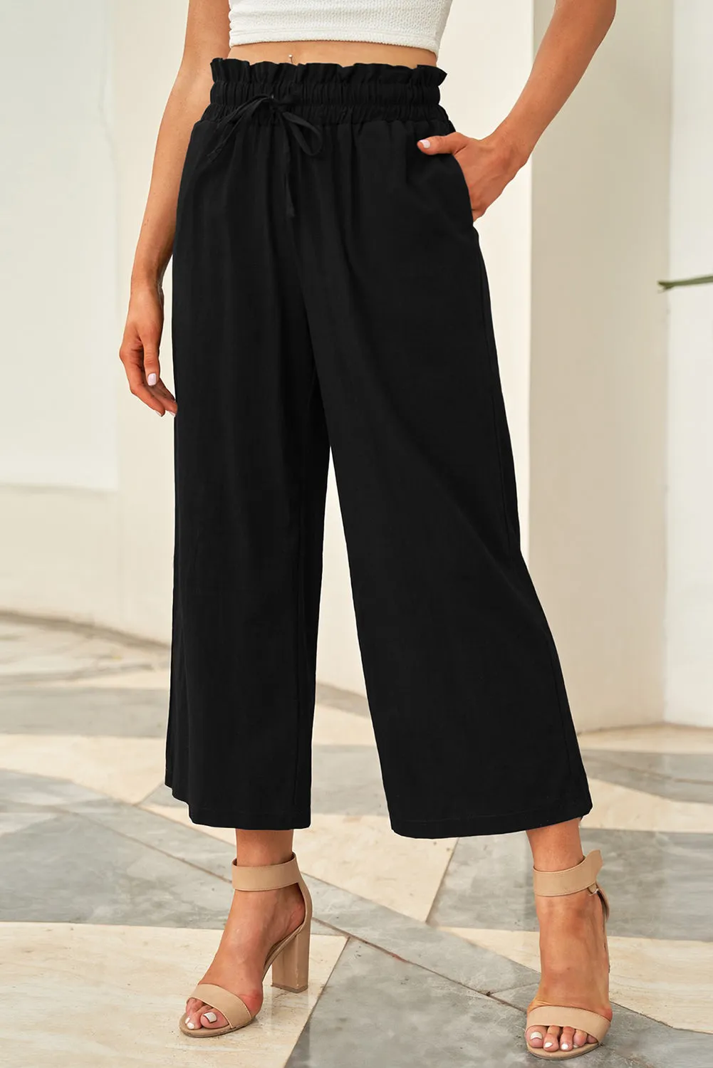 Paperbag Waist Straight Leg Cropped Pants