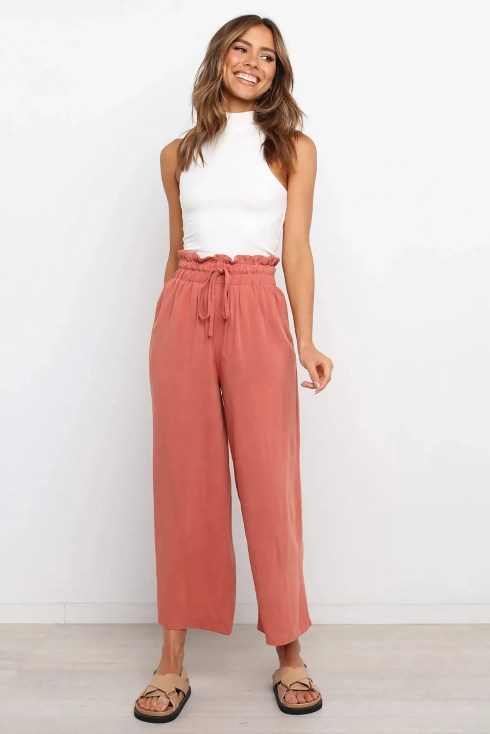 Paperbag Waist Straight Leg Cropped Pants