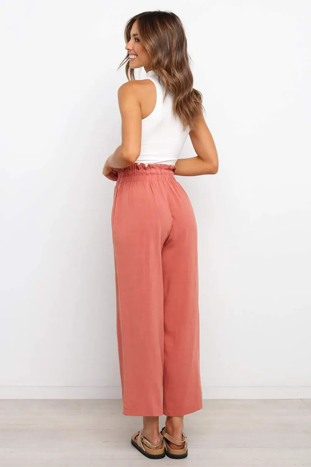 Paperbag Waist Straight Leg Cropped Pants