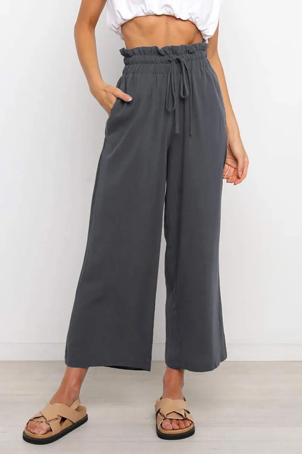 Paperbag Waist Straight Leg Cropped Pants