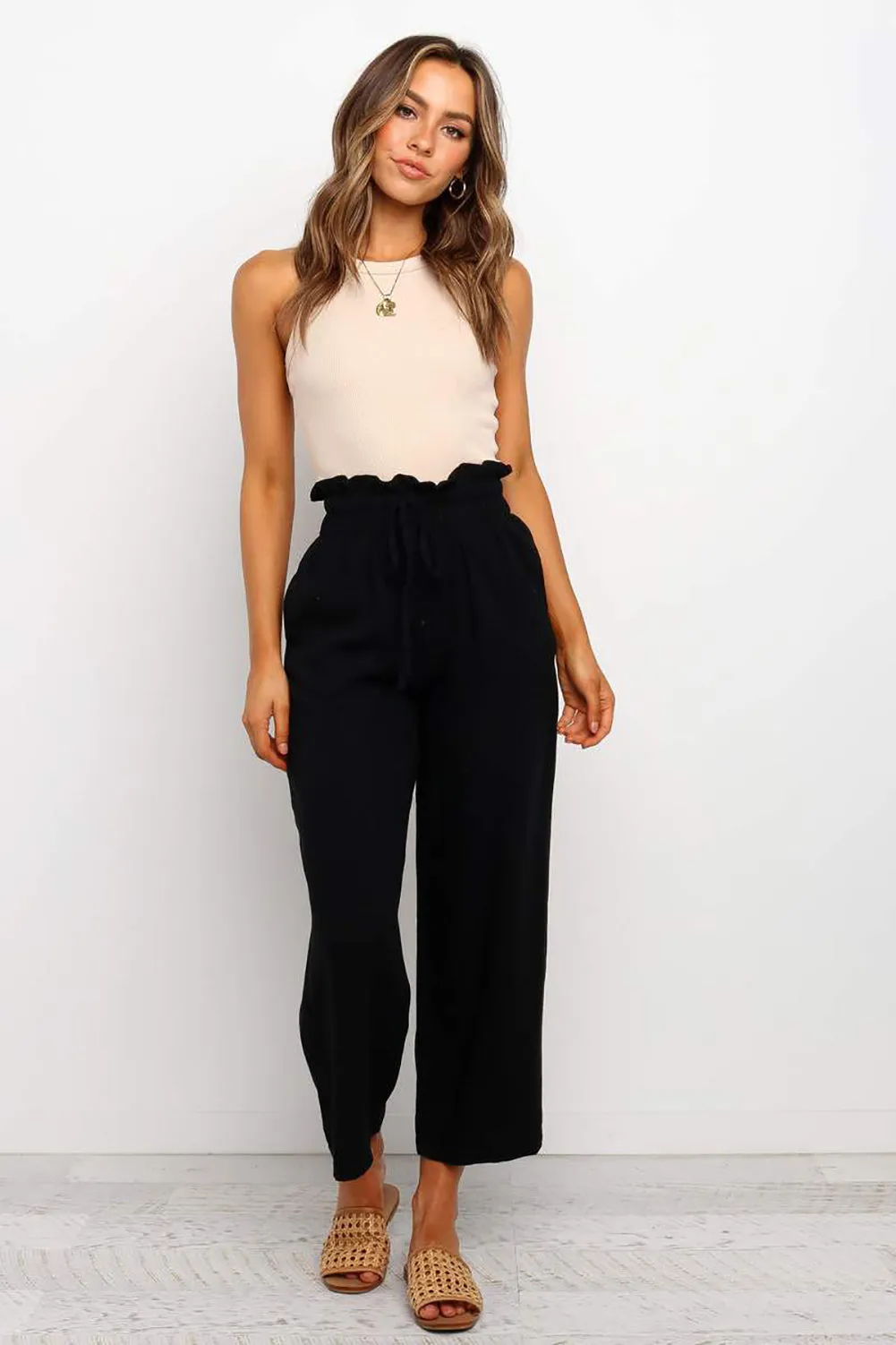 Paperbag Waist Straight Leg Cropped Pants