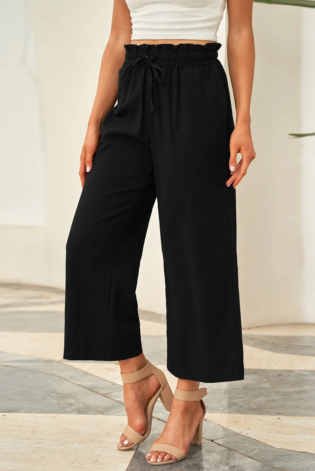 Paperbag Waist Straight Leg Cropped Pants