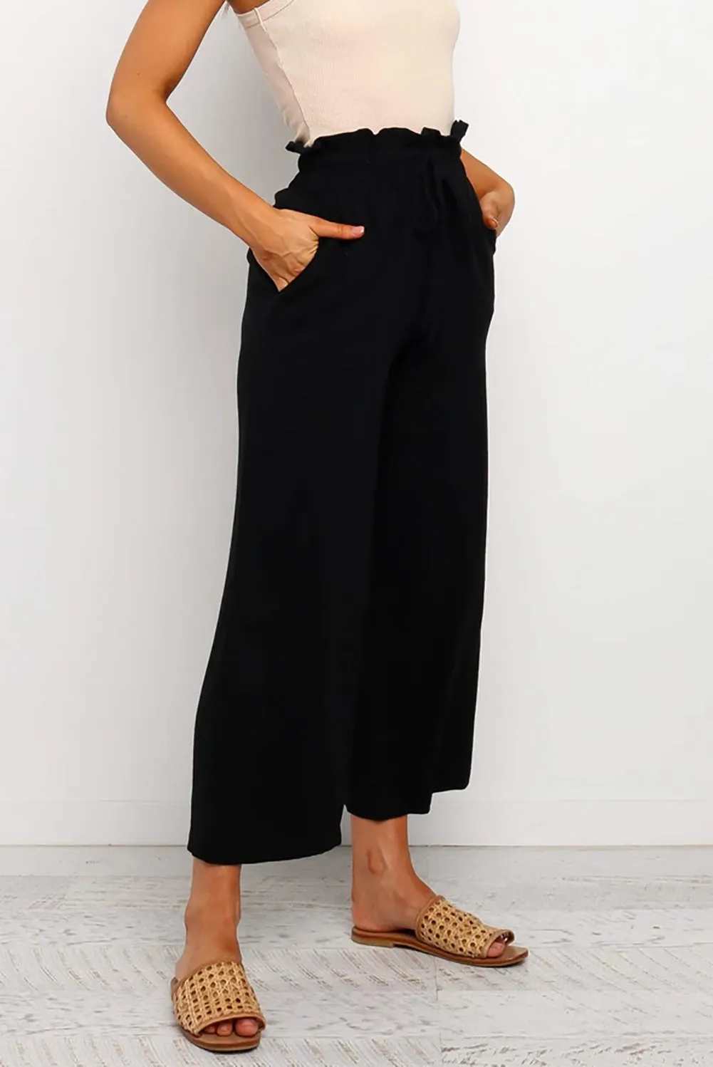 Paperbag Waist Straight Leg Cropped Pants