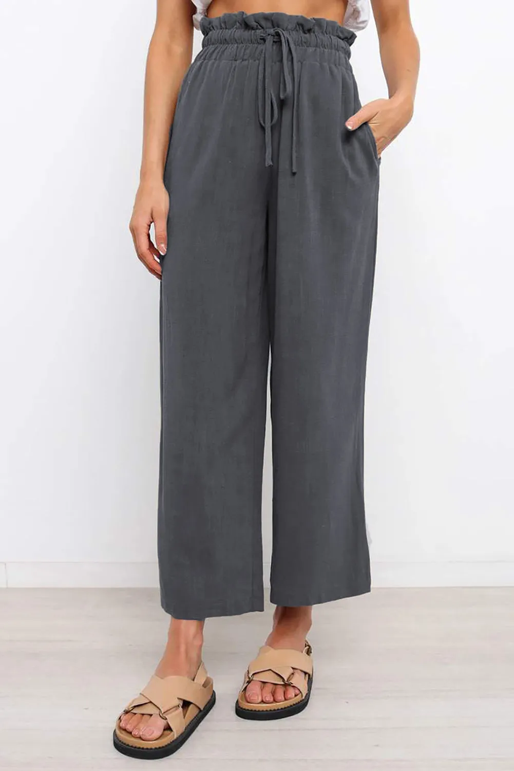 Paperbag Waist Straight Leg Cropped Pants