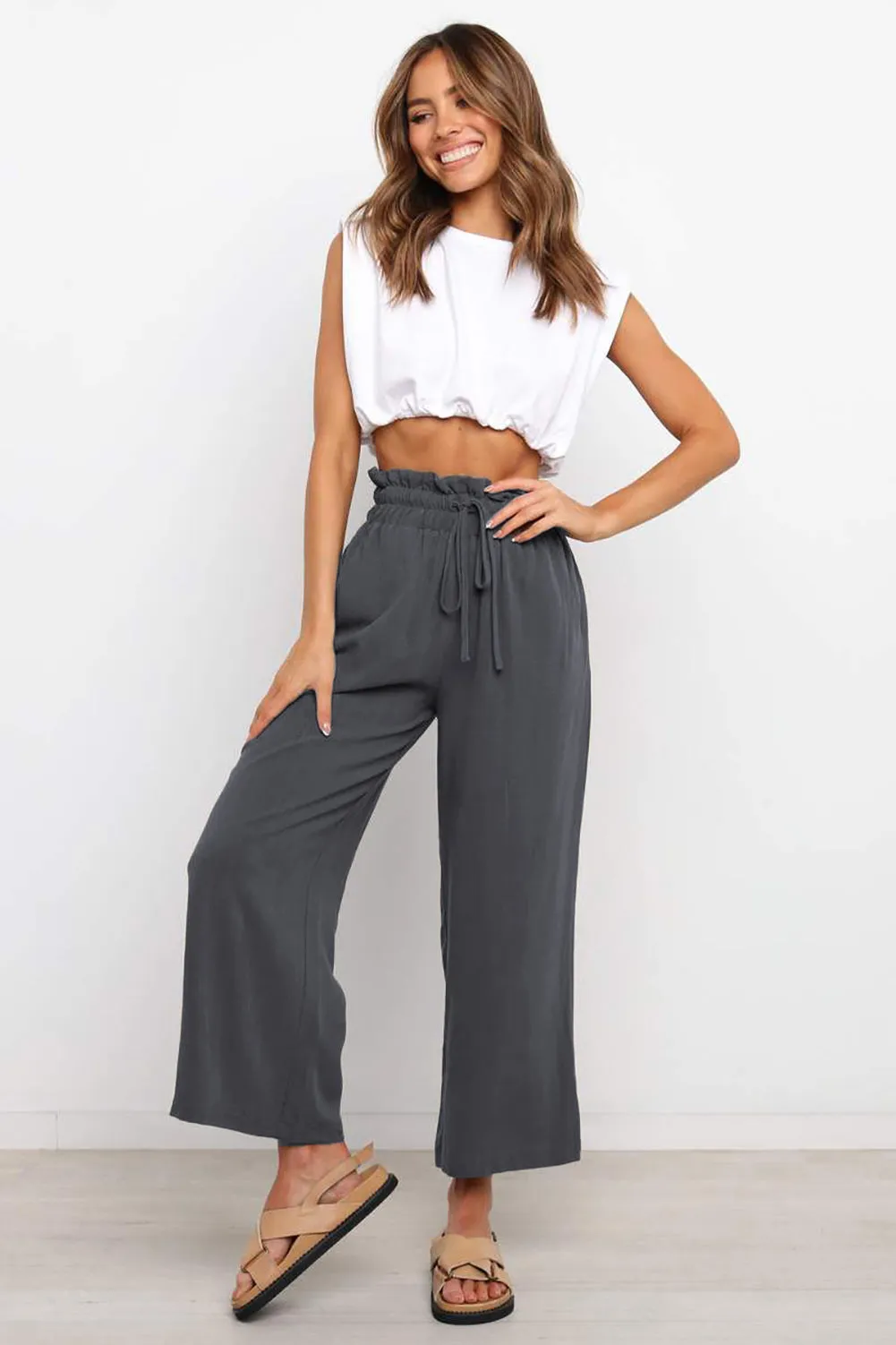 Paperbag Waist Straight Leg Cropped Pants