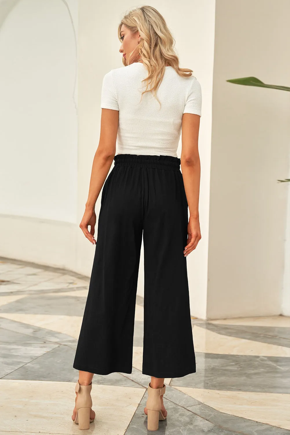 Paperbag Waist Straight Leg Cropped Pants