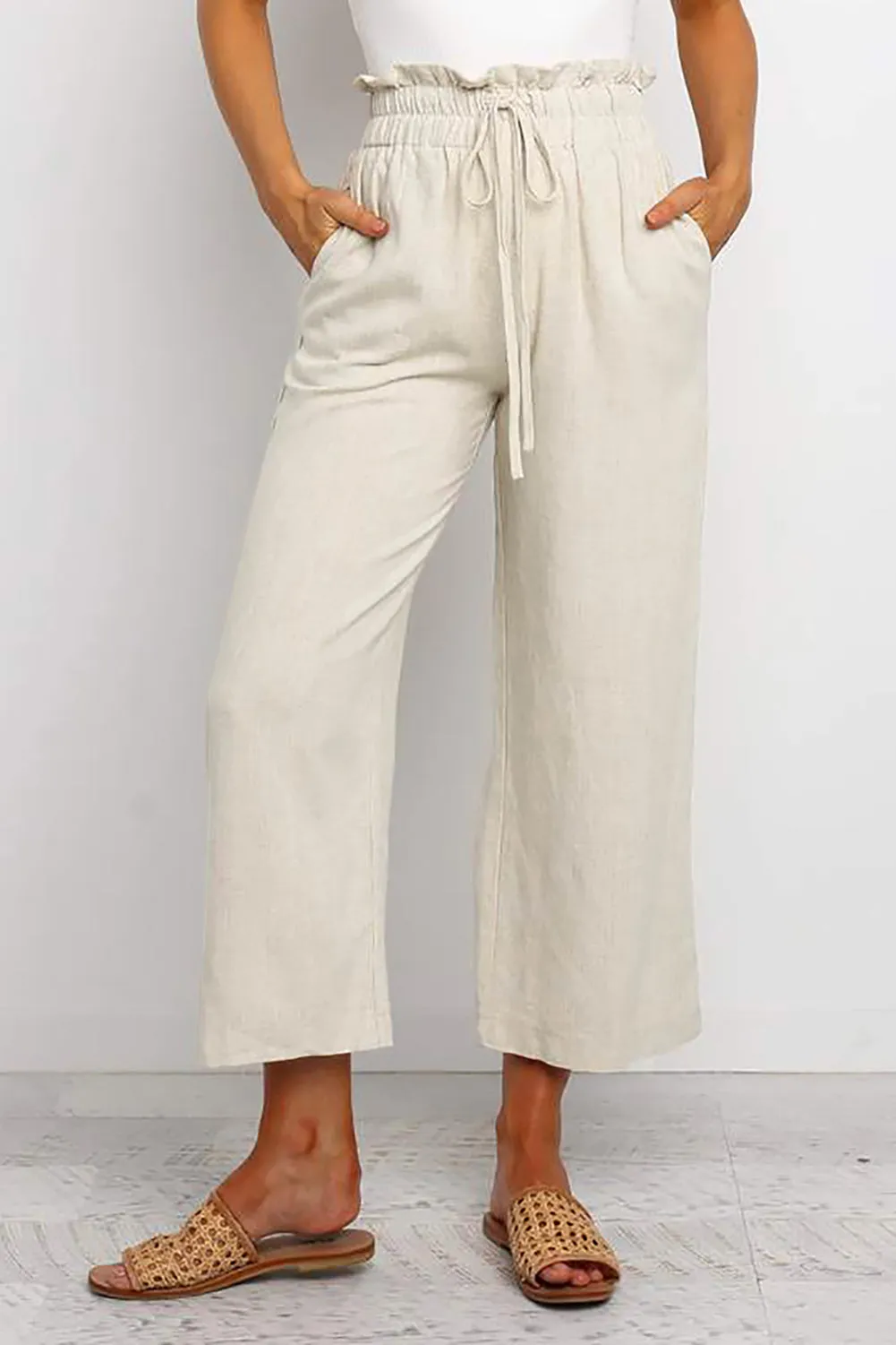 Paperbag Waist Straight Leg Cropped Pants