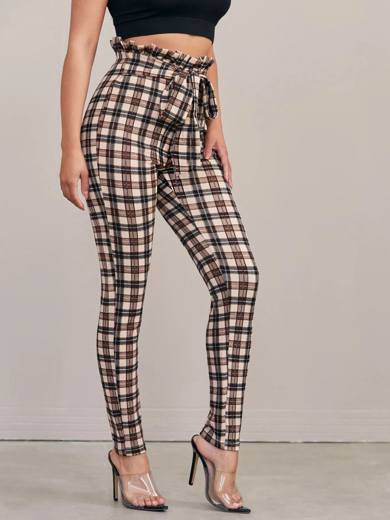 Paperbag Waist Tie Front Tartan Skinny Pants