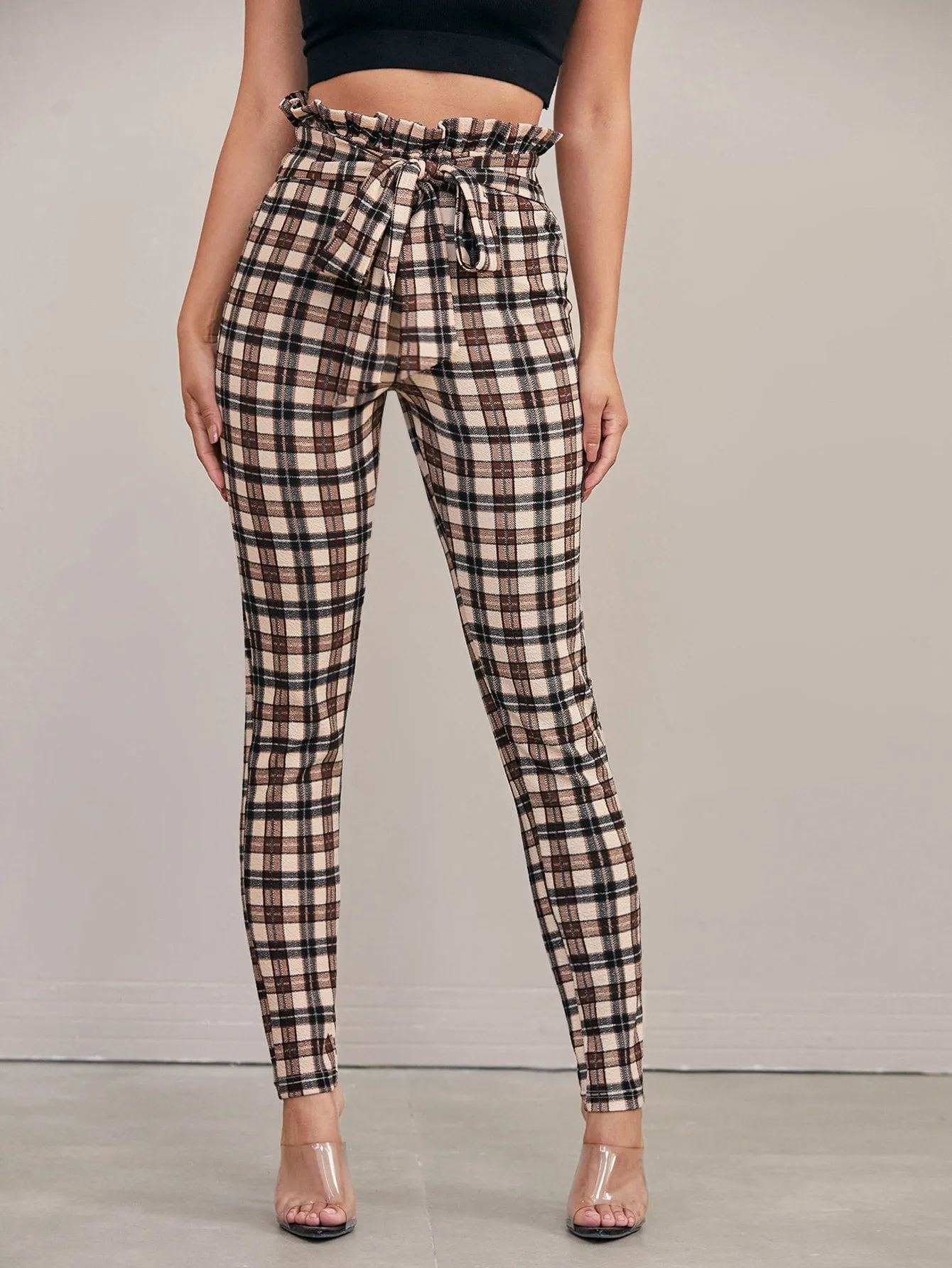 Paperbag Waist Tie Front Tartan Skinny Pants