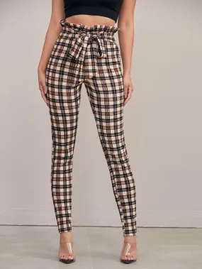 Paperbag Waist Tie Front Tartan Skinny Pants