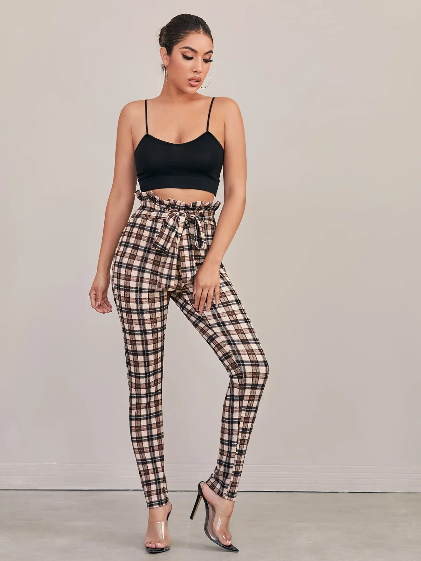 Paperbag Waist Tie Front Tartan Skinny Pants