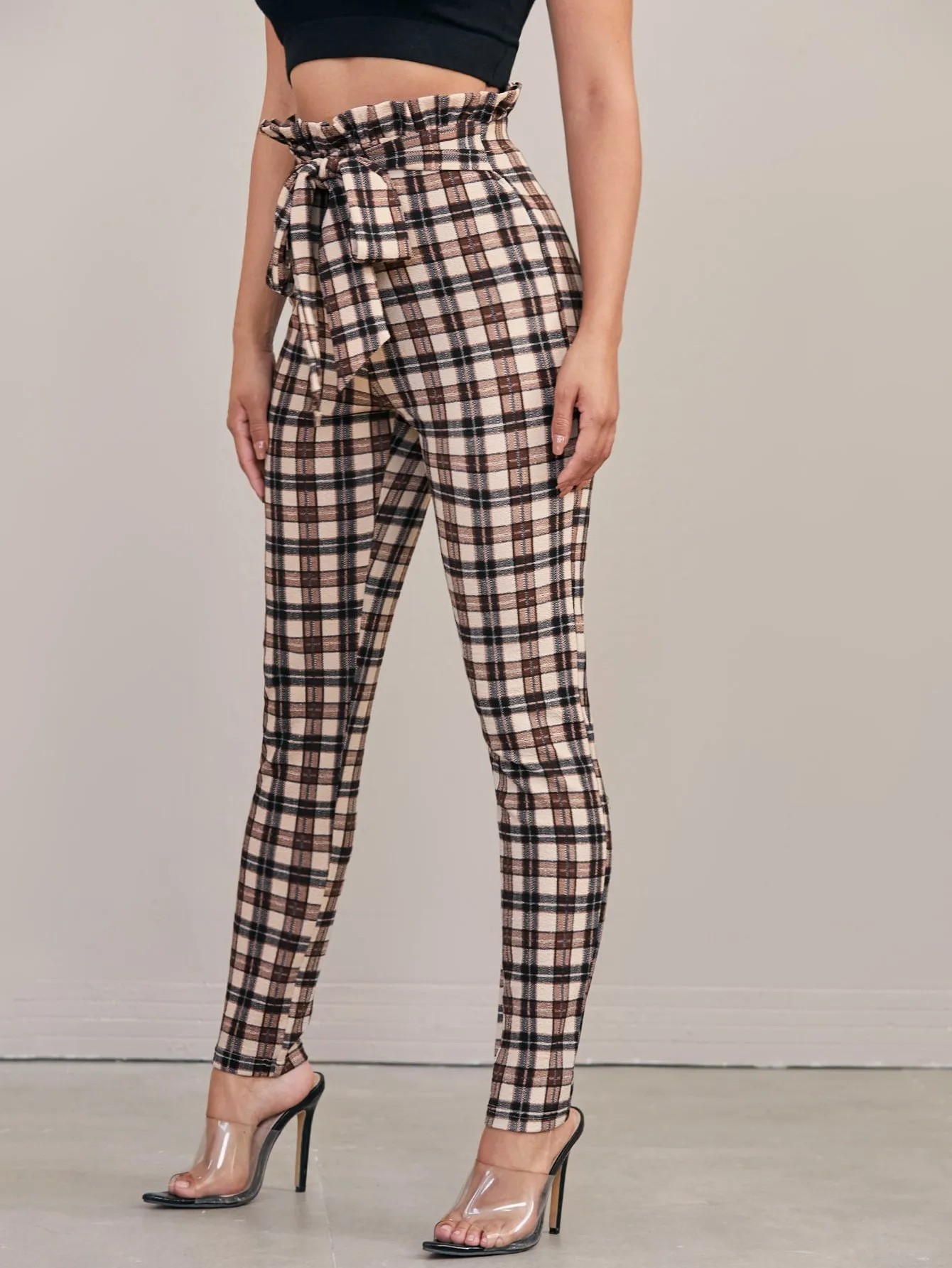 Paperbag Waist Tie Front Tartan Skinny Pants