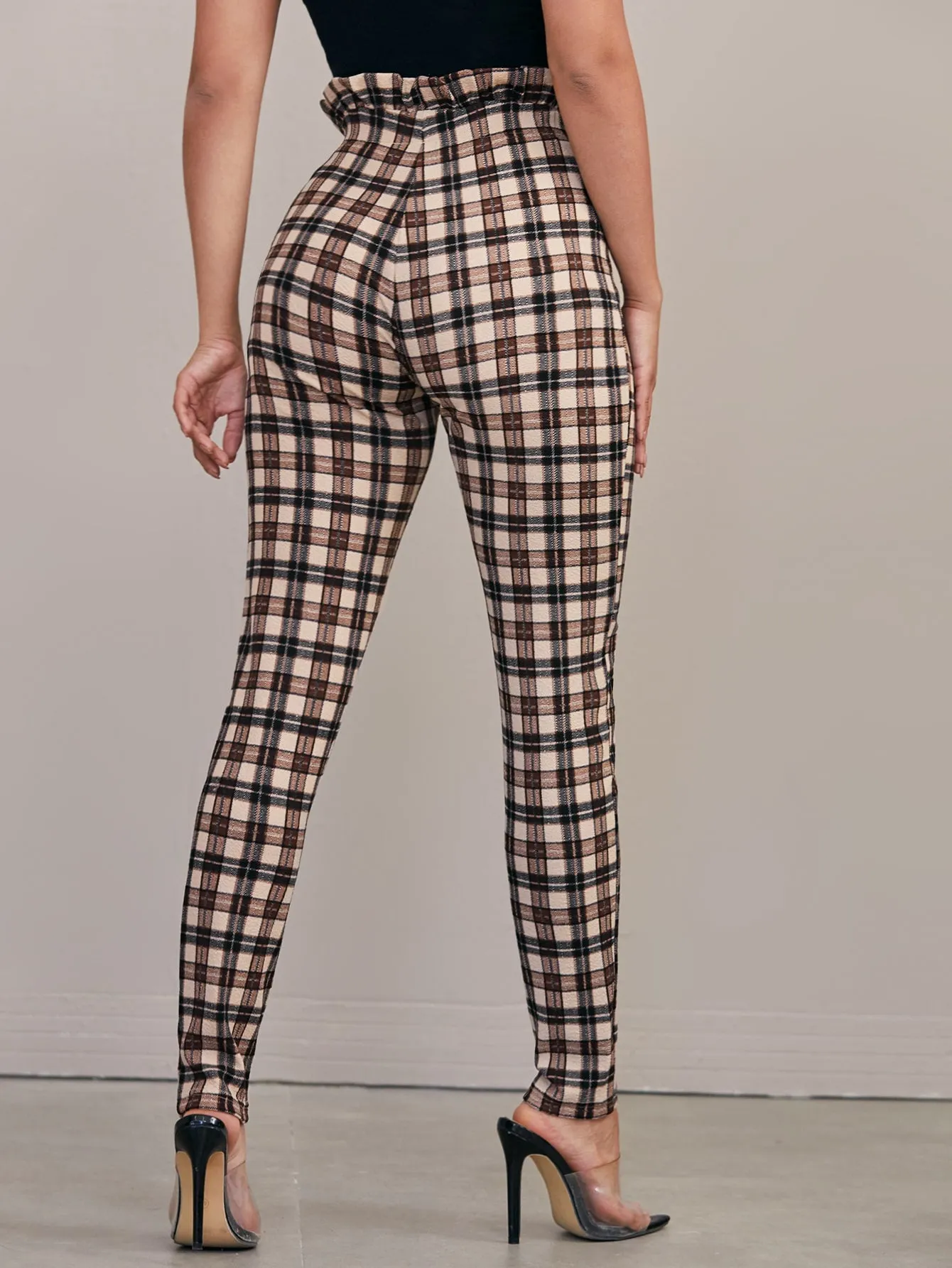 Paperbag Waist Tie Front Tartan Skinny Pants