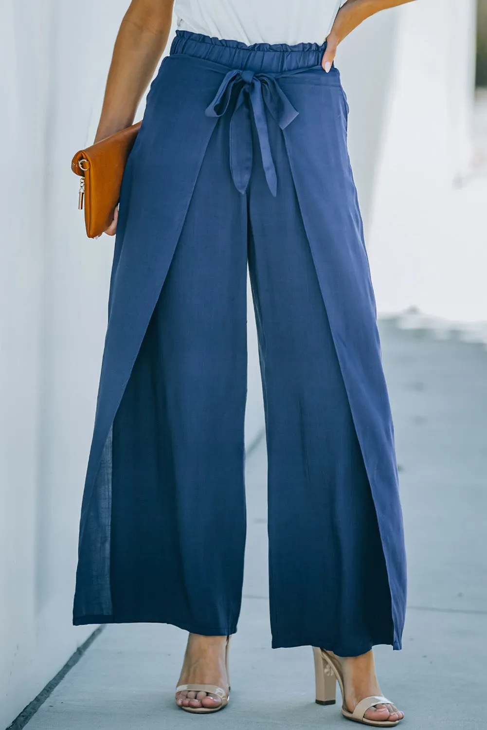 Paperbag Waist Tie Front Wide Leg Pants