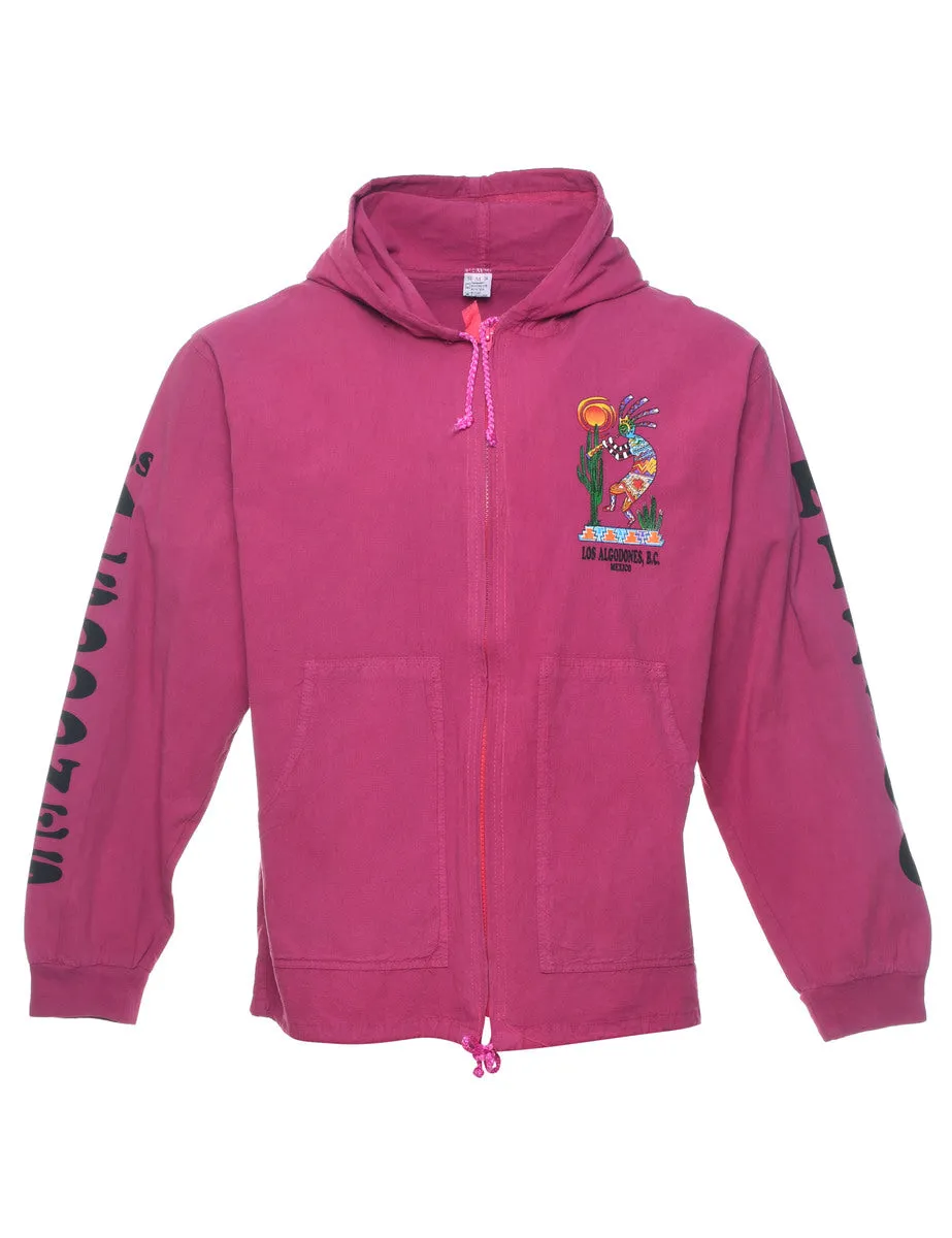 Pink Patterned Zip-Front Hooded Jacket - M