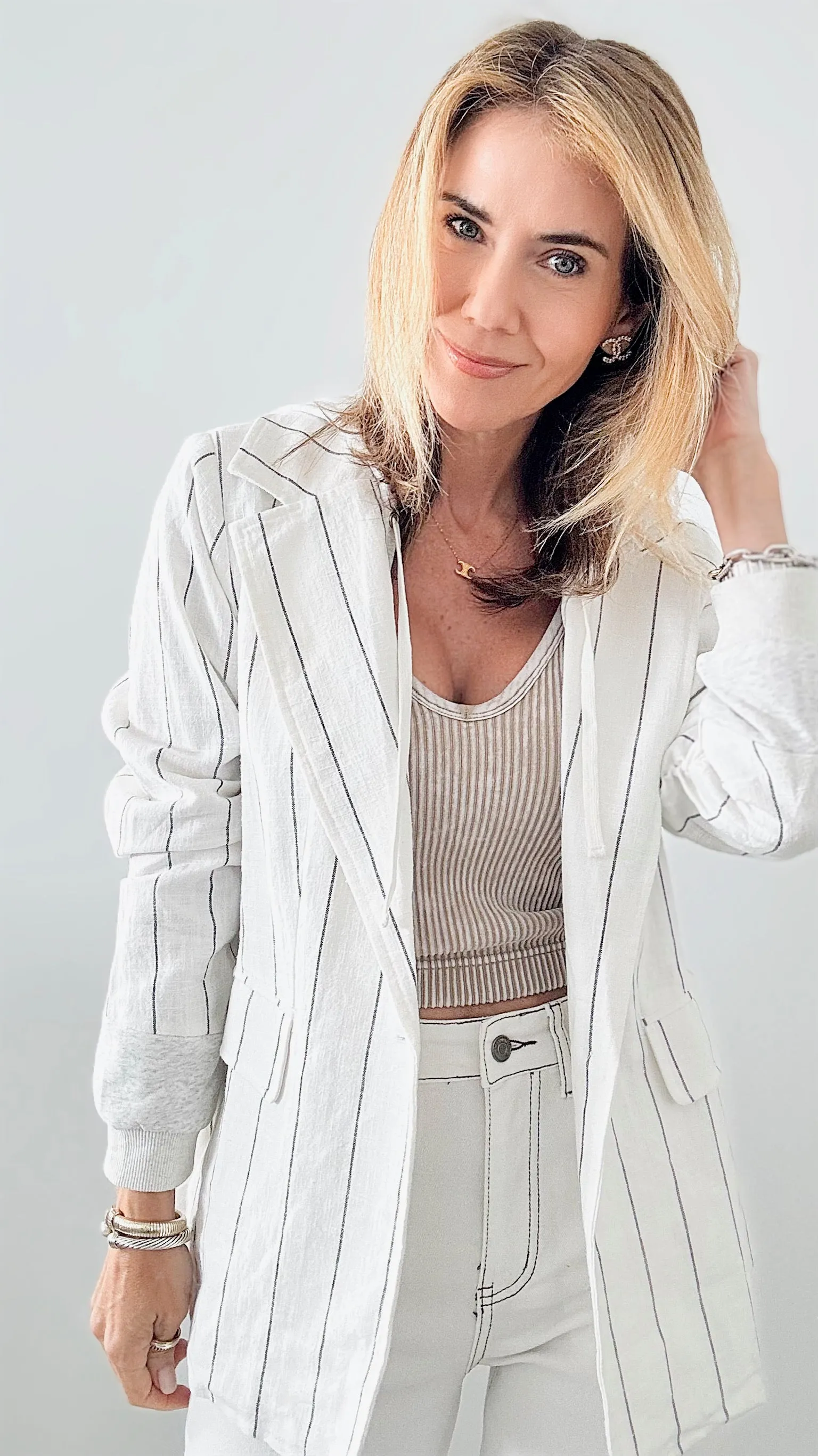 Pinstripe Linen Hooded Jacket