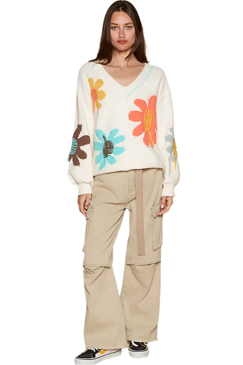 POL V-Neck Long Sleeve Flower Fringe Sweater