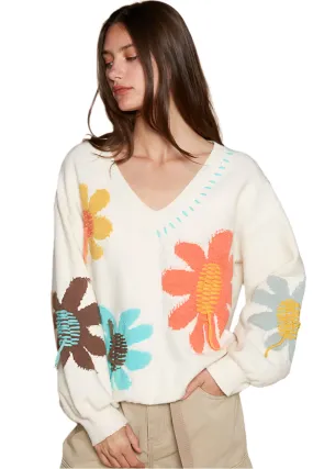 POL V-Neck Long Sleeve Flower Fringe Sweater