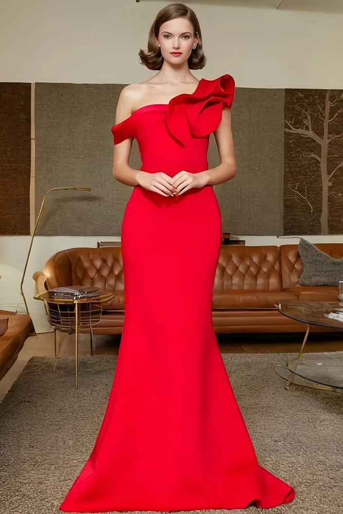 Red Mermaid Sleeveless Prom Dress One Shoulder Long Party Dress