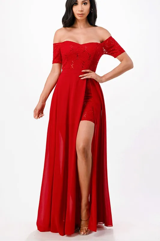 Red Off The Shoulder Sequin Lace And Chiffon Dress