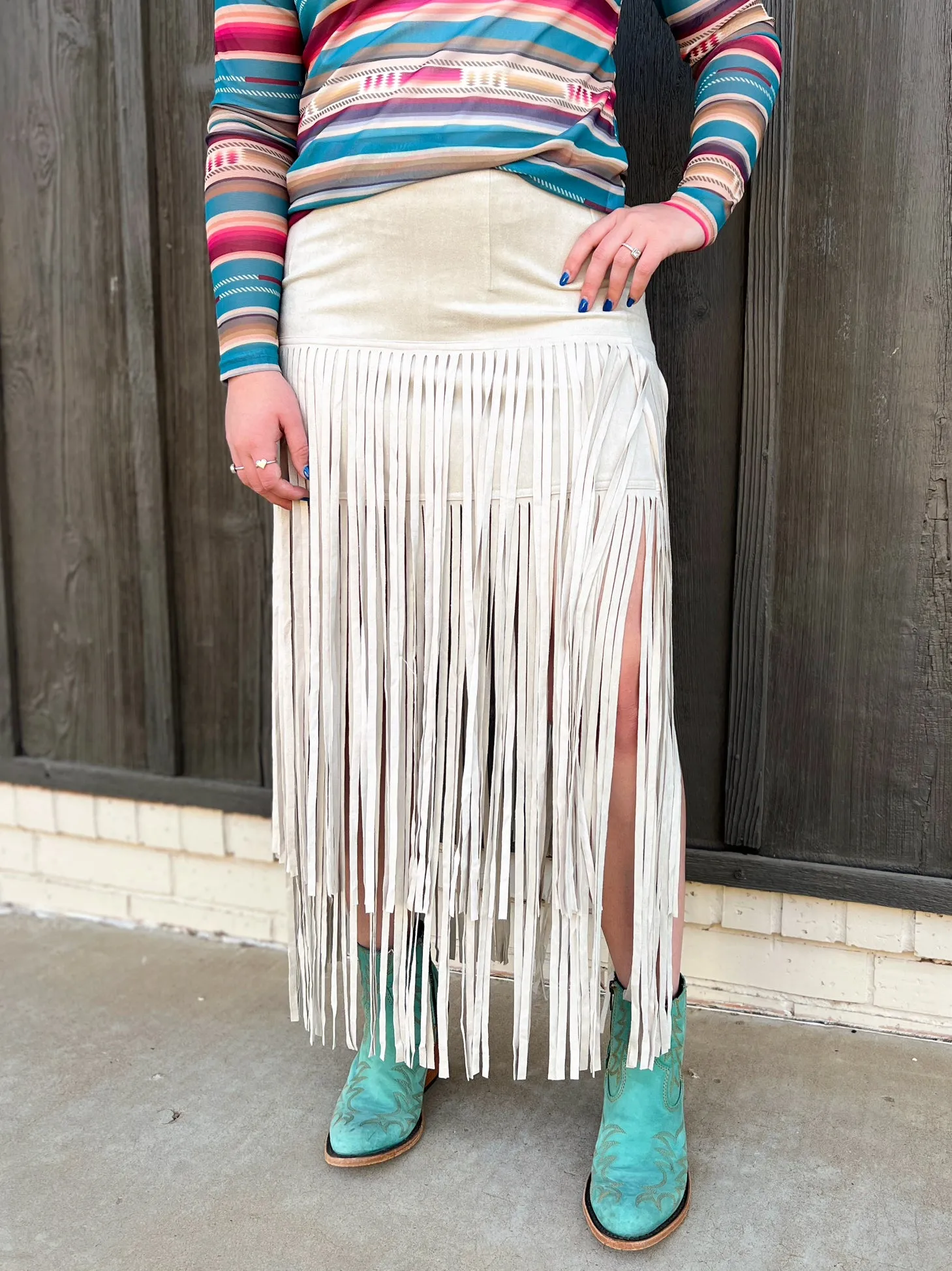 Rodeo Queen Suede Fringe Skirt Beige