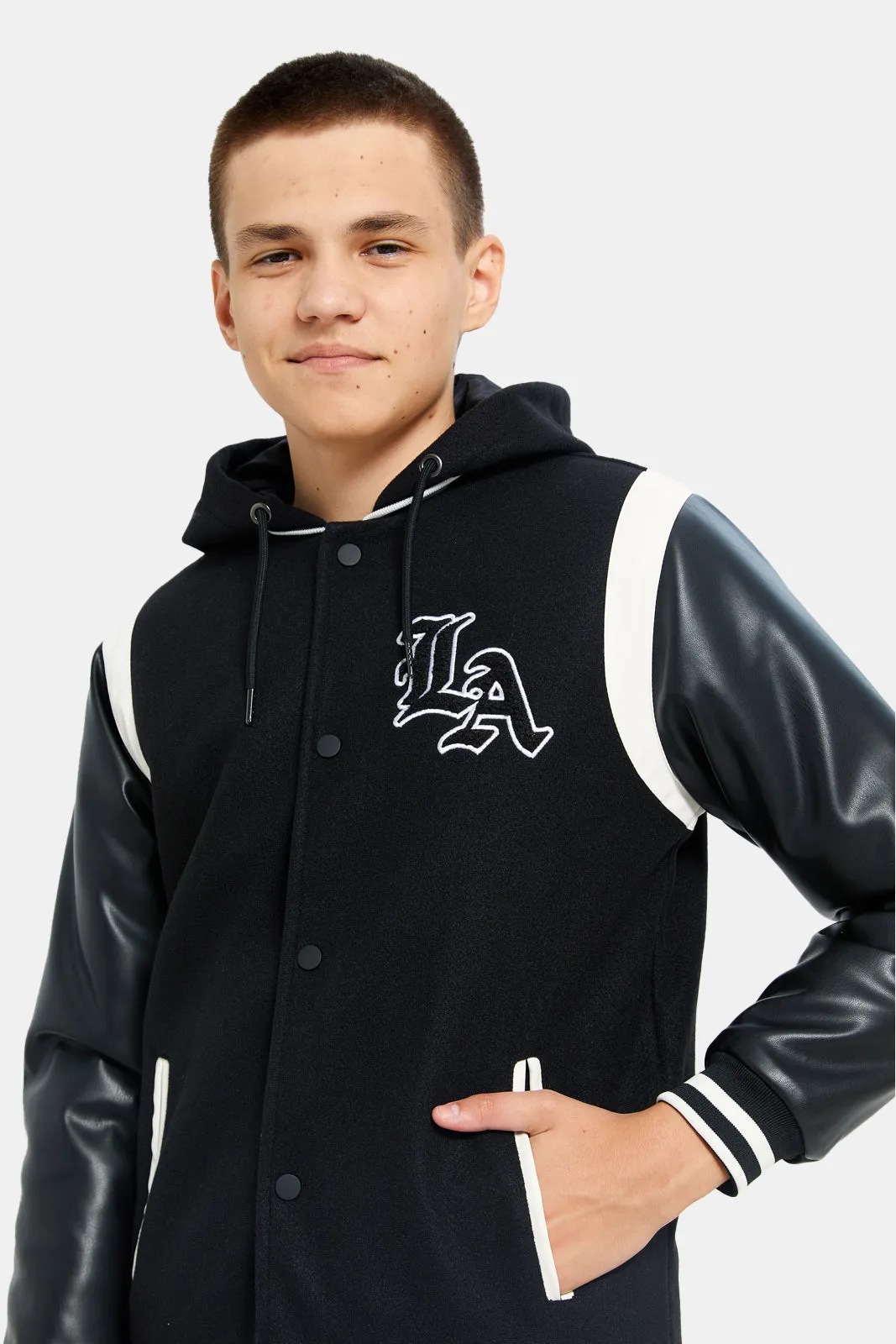 Senior Boys Black Baseball Hooded Jacket