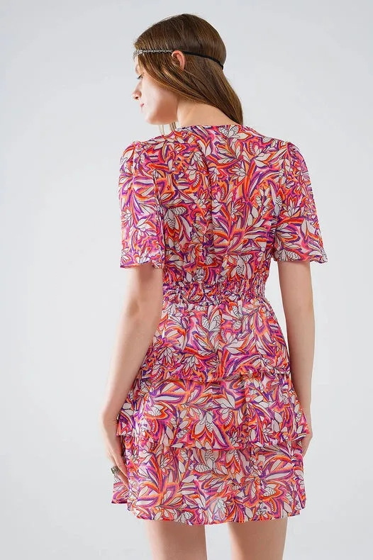 Short Multicolor Chiffon Dress with Floral Print and Ruched Design