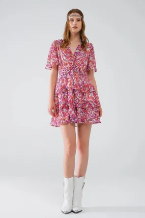 Short Multicolor Chiffon Dress with Floral Print and Ruched Design