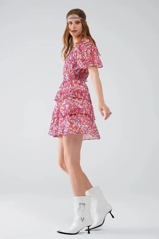 Short Multicolor Chiffon Dress with Floral Print and Ruched Design