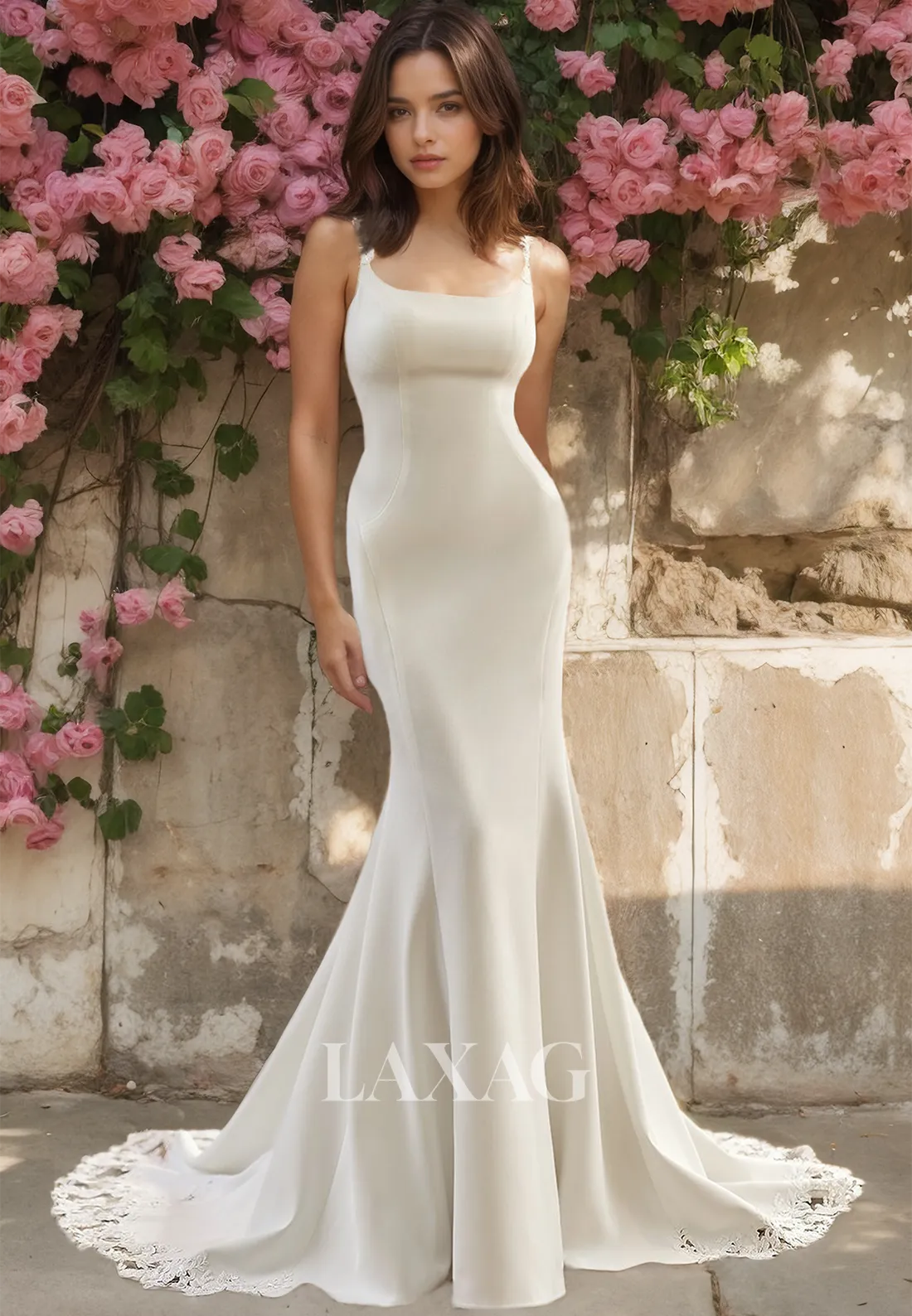 Simple Spaghetti Straps Square-Neck Bride Gowns Sleeveless Satin with Lace Train Mermaid Wedding Dress