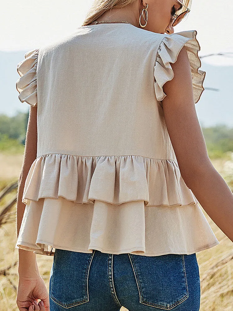 Solid Color Button Ruffle Sleeveless V-neck Patchwork Blouse For Women