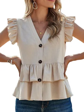 Solid Color Button Ruffle Sleeveless V-neck Patchwork Blouse For Women