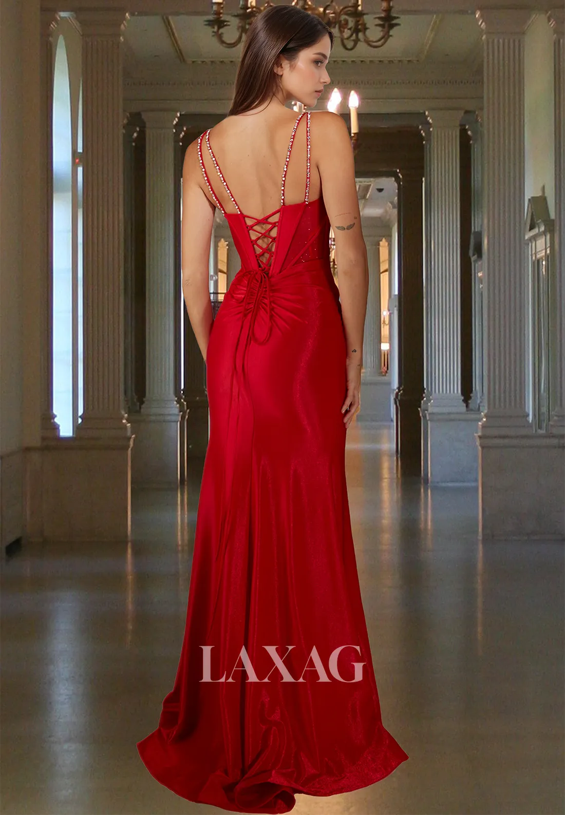 Spaghetti Straps Off-Shoulder Sleeveless Formal Gowns Beaded Deep V-Neck Pleated Mermaid Prom Dress