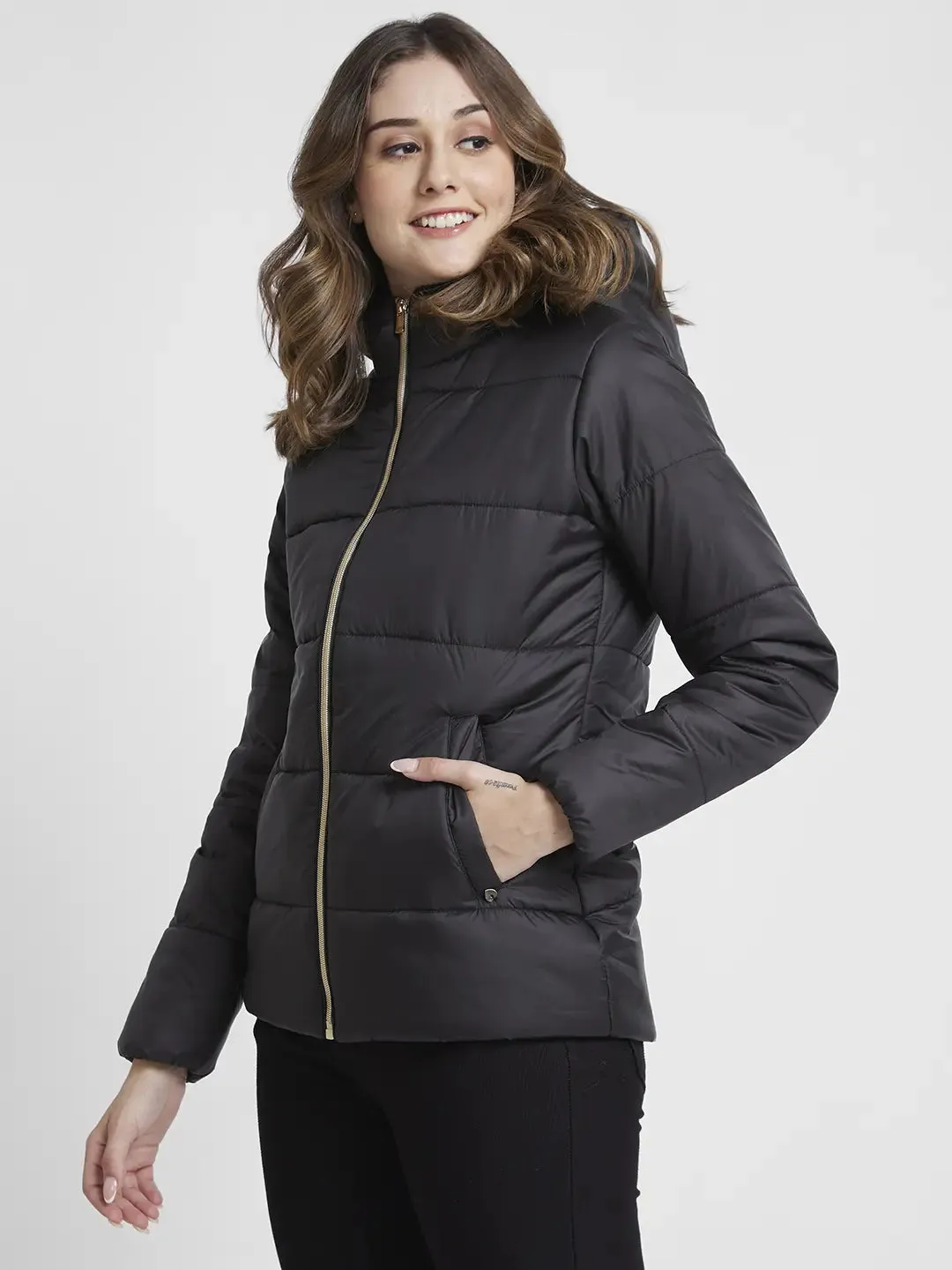 Spykar Women Black Regular Fit Hooded Plain Jacket