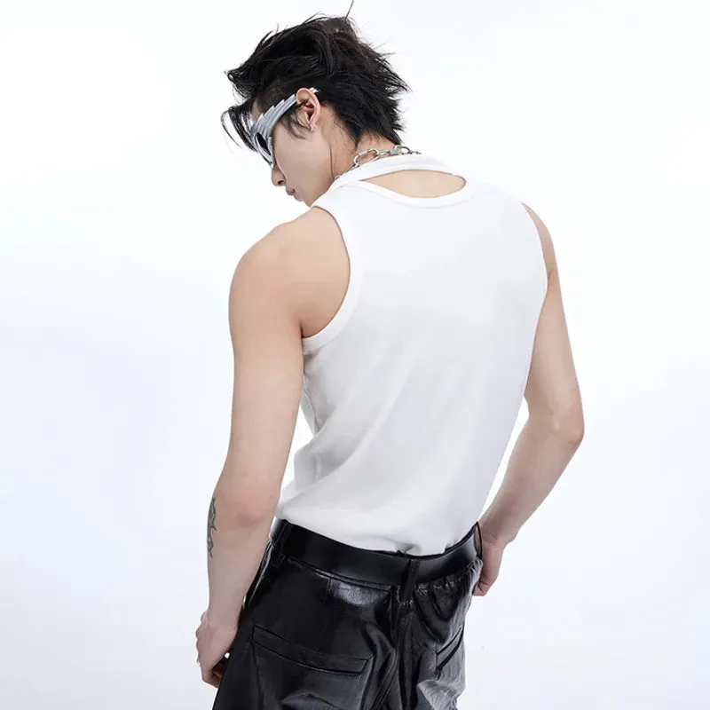 Summer Male Tank Tops Metal Design Double Straps Tops Sleeveless O-neck Solid Color Men's Vest Niche Style 9C6749