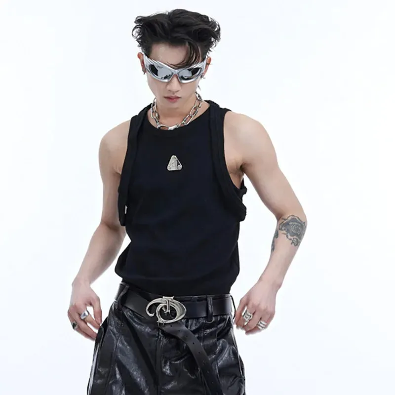 Summer Male Tank Tops Metal Design Double Straps Tops Sleeveless O-neck Solid Color Men's Vest Niche Style 9C6749