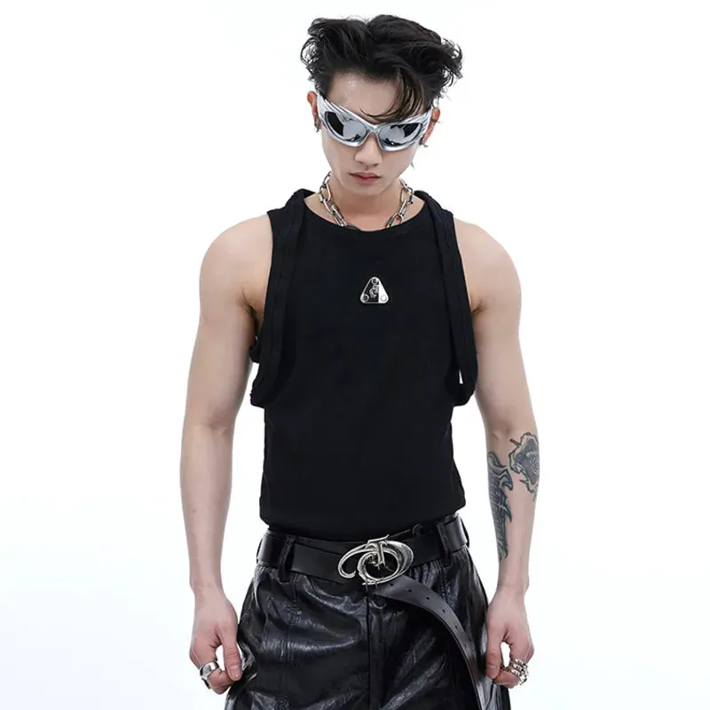 Summer Male Tank Tops Metal Design Double Straps Tops Sleeveless O-neck Solid Color Men's Vest Niche Style 9C6749