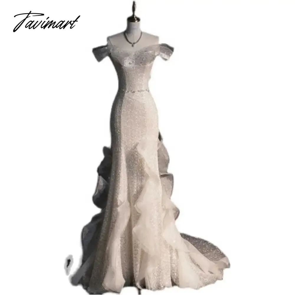 TAVIMART -  White Light Luxury Celebrity Dress Boat Neck Sleeveless Beading Ruffle Pleated Mermaid Floor Length Evening Prom Party Gowns