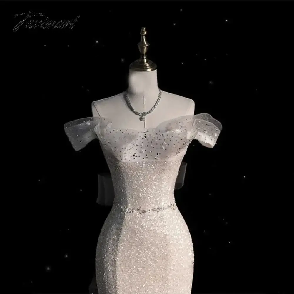 TAVIMART -  White Light Luxury Celebrity Dress Boat Neck Sleeveless Beading Ruffle Pleated Mermaid Floor Length Evening Prom Party Gowns