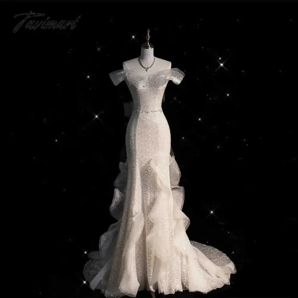 TAVIMART -  White Light Luxury Celebrity Dress Boat Neck Sleeveless Beading Ruffle Pleated Mermaid Floor Length Evening Prom Party Gowns