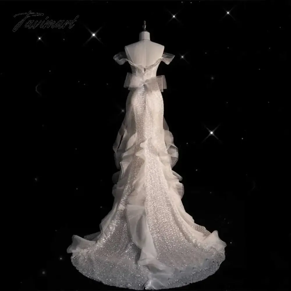 TAVIMART -  White Light Luxury Celebrity Dress Boat Neck Sleeveless Beading Ruffle Pleated Mermaid Floor Length Evening Prom Party Gowns