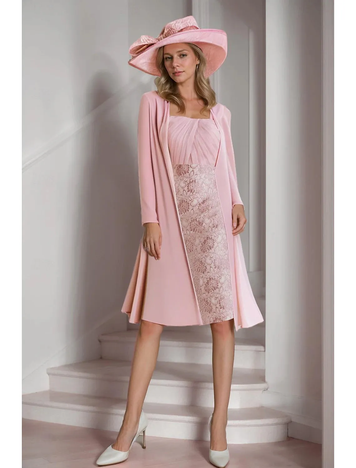 Two Piece Sheath / Column Mother of the Bride Dress Square Neck Knee Length Chiffon Lace Long Sleeve Jacket Dresses with Lace