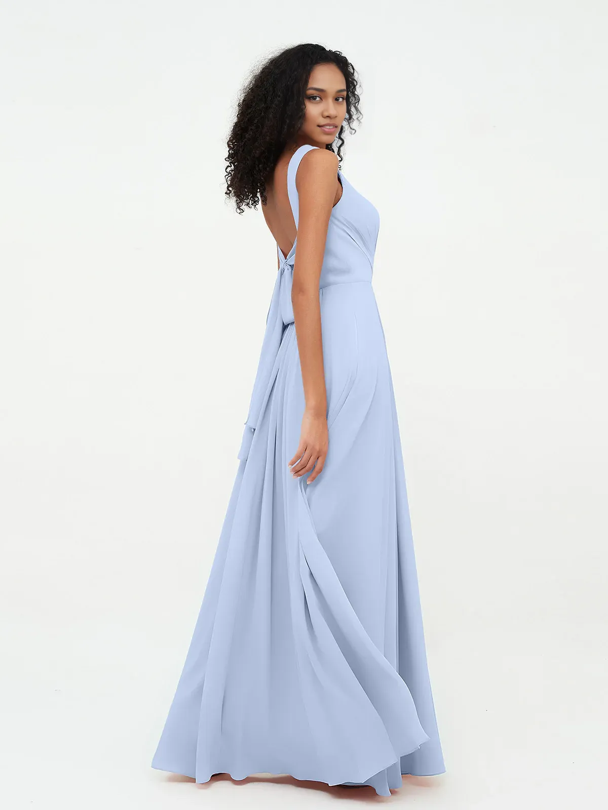 V-neck Chiffon Long Dresses with Pocktes-Sky Blue Bridesmaid Dresses