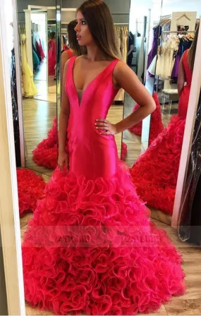 v neck evening dress,mermaid prom dresses,ruffles prom dress,mermaid evening gowns