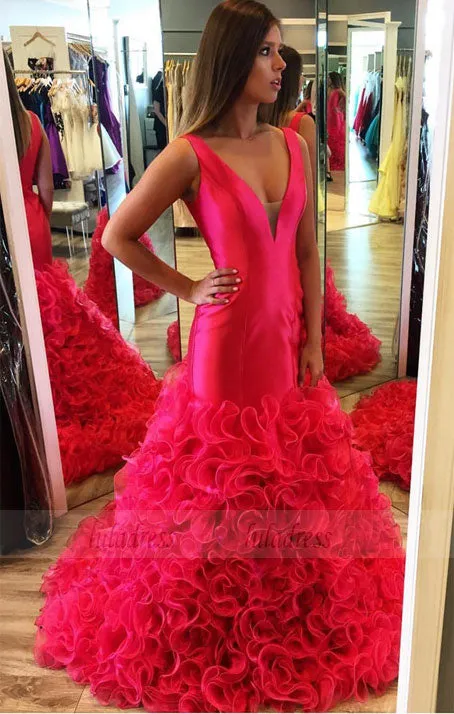 v neck evening dress,mermaid prom dresses,ruffles prom dress,mermaid evening gowns