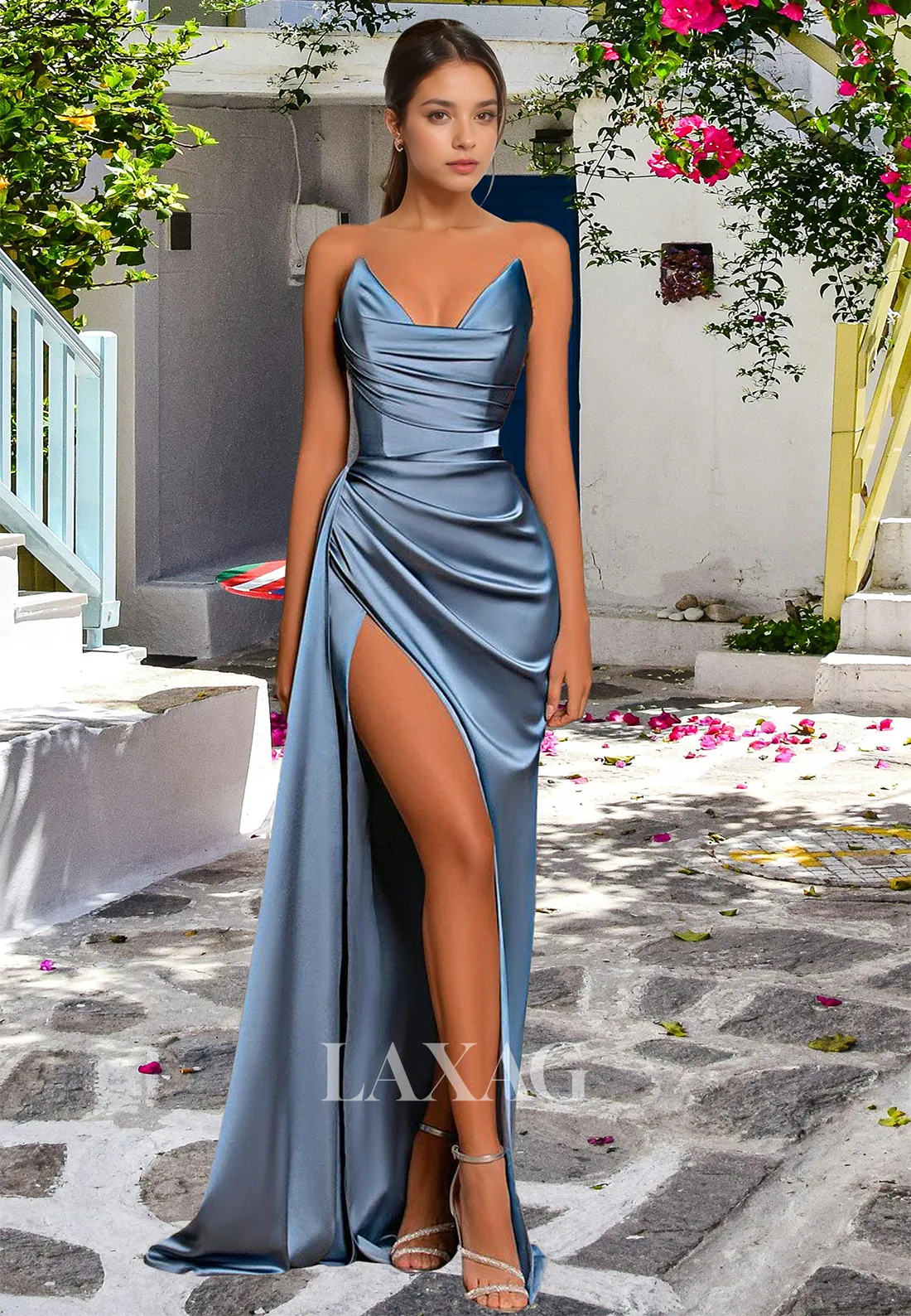 V-Neck Off-Shoulder Sleeveless Pleated Party Gowns Pleated High Slit Satin Mermaid Prom Dress