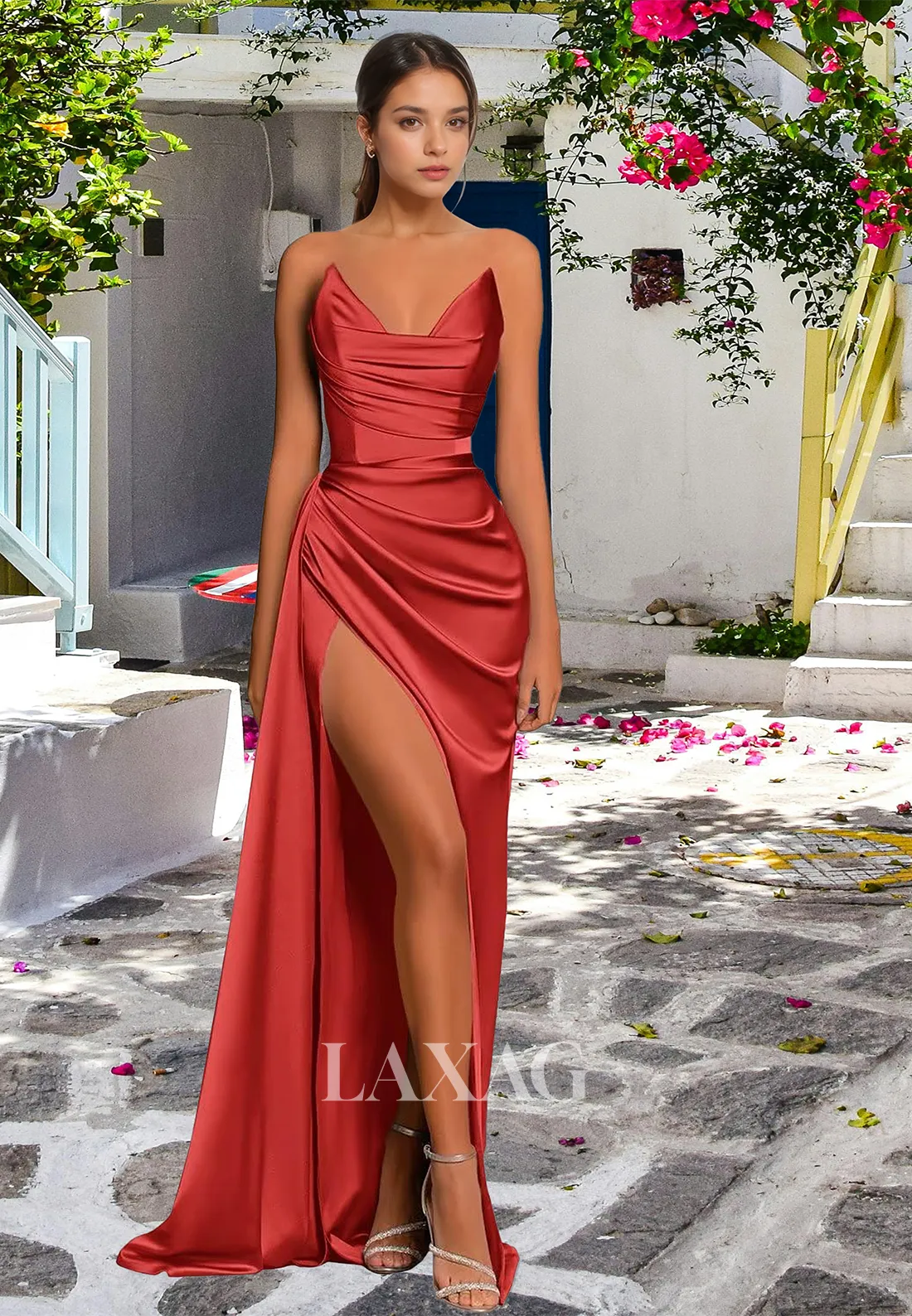 V-Neck Off-Shoulder Sleeveless Pleated Party Gowns Pleated High Slit Satin Mermaid Prom Dress