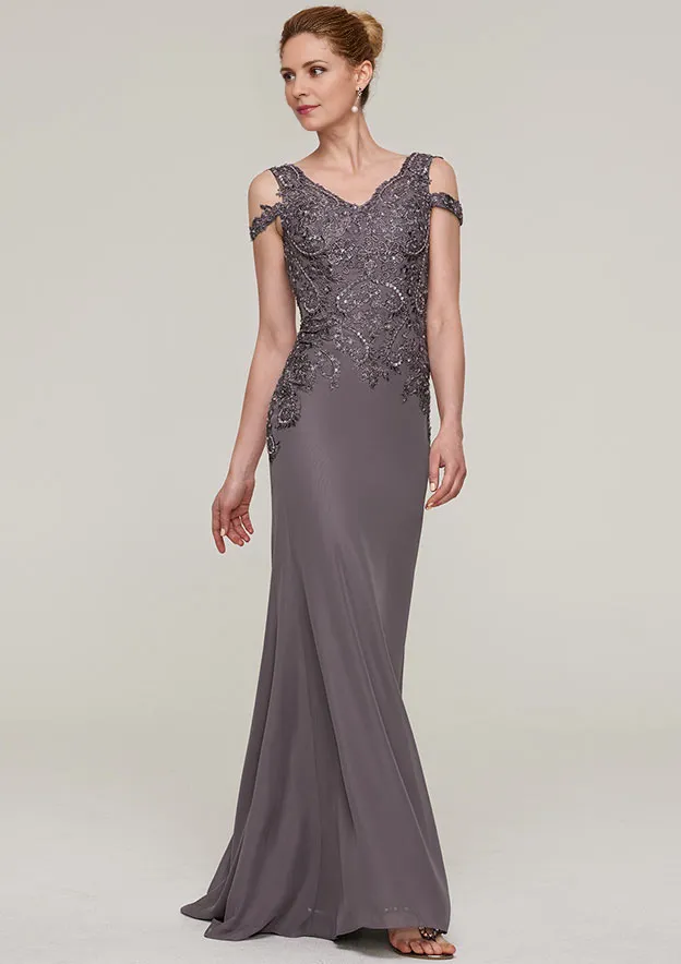 V Neck Sleeveless Sweep Train Chiffon Mother of the Bride Dresses With Sequins Appliqued