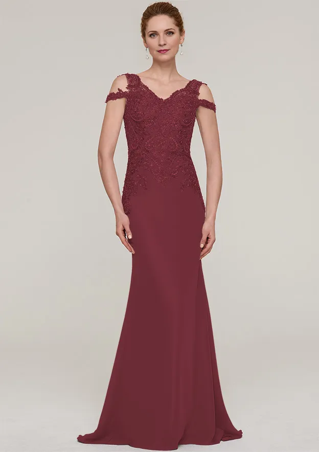 V Neck Sleeveless Sweep Train Chiffon Mother of the Bride Dresses With Sequins Appliqued