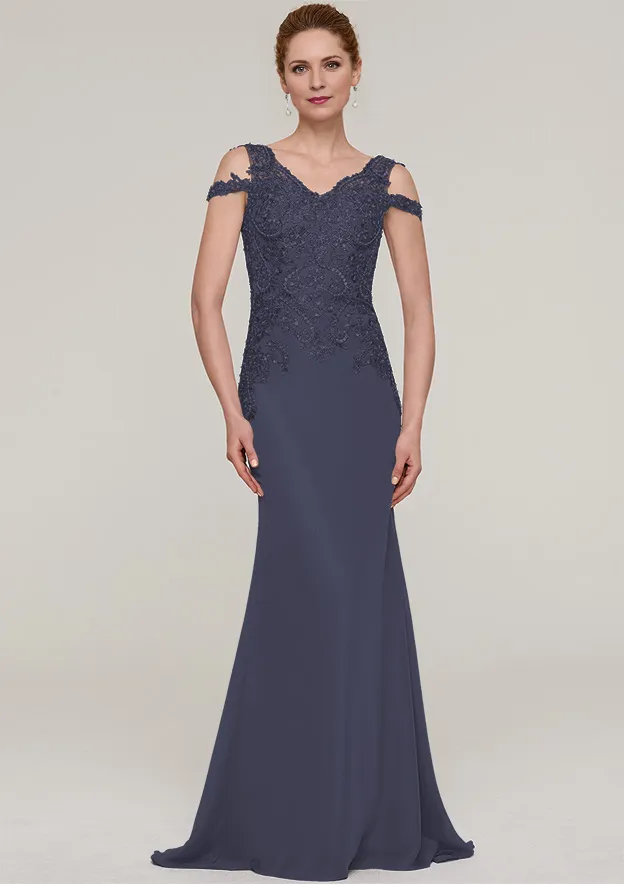 V Neck Sleeveless Sweep Train Chiffon Mother of the Bride Dresses With Sequins Appliqued